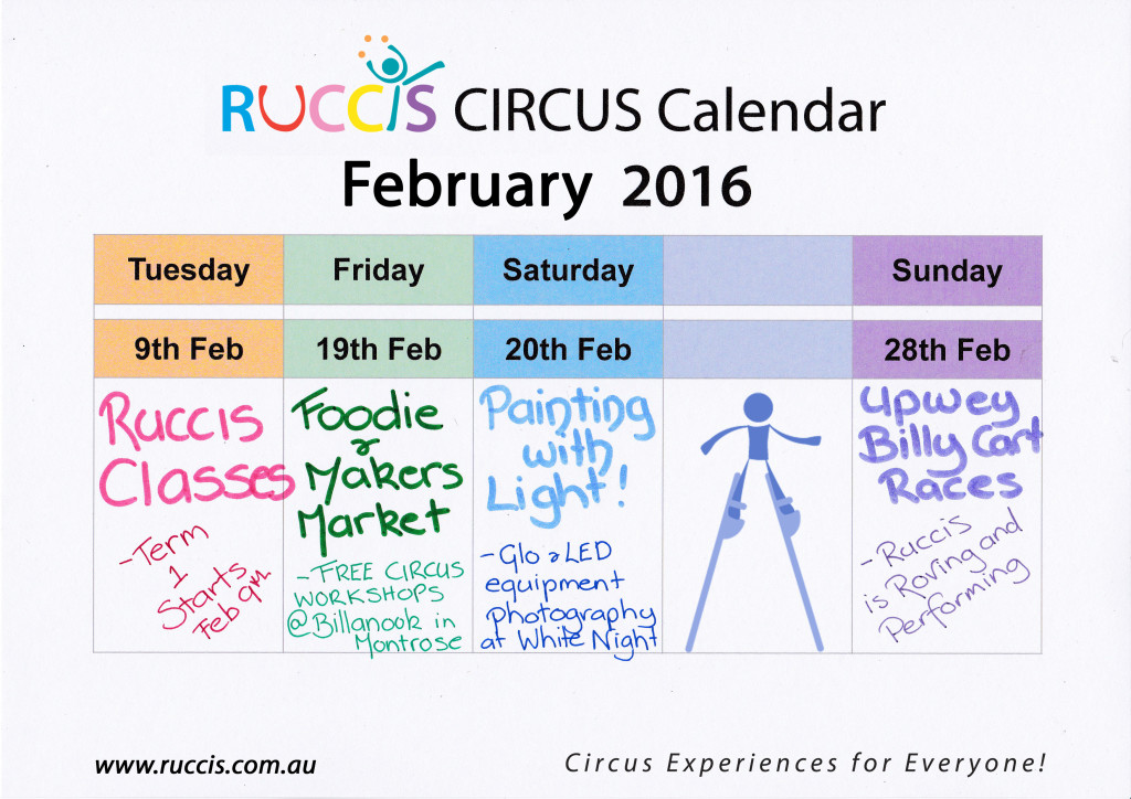 This month we have Classes resuming, free Circus workshops at the Foodie and Makers Market, Andy Phillips and Anita G running a "Painting with Light" workshop at White Night and the Upwey Billy Cart races!